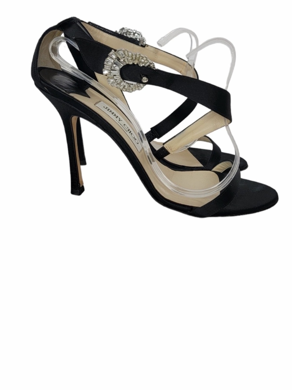 Jimmy Choo Crystal Embellished Black Satin Heel Sandal Size 40 US 9